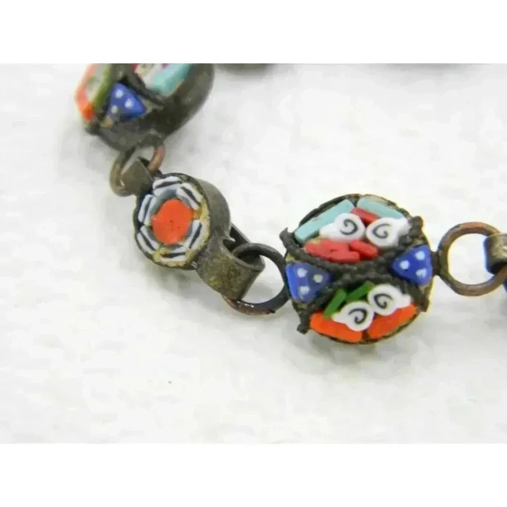 Vintage Italy Silver Toned Filigree Micro Mosaic Floral Glass Bracelet - 7.25
